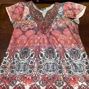 Roz & Ali Red and Black Patterned Blouse